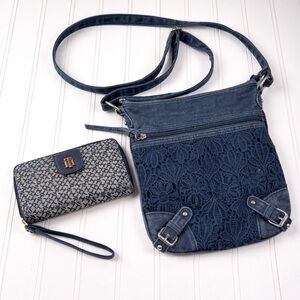 Maurices Blue Denim Lace Crossbody Purse + Tommy Hilfiger Logo Wallet Bundle 2